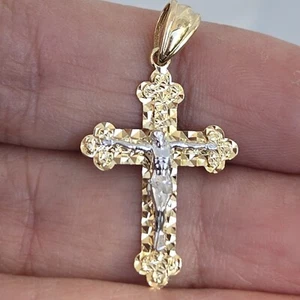 Solid 14k Gold jesus crucifix cross pendant 1.25 inch long 2 tone - Picture 1 of 12