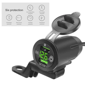 12V 2 USB Motorcycle Handlebar QC 3.0 Charger Socket Voltmeter 2 Switch & Mount - Bild 1 von 10