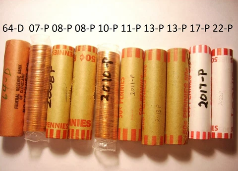 10 OBW Lincoln Cents Rolls 1964D 2007P 2-2008P 2010P 2011P  2-2013P 2017P 2022P Cover