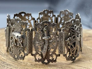 Vintage Algerian Silver Panel Linked Bracelet Hamsa with Star and Crescent Mark - Picture 1 of 6