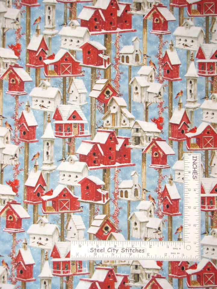 Christmas Bird House Snow  Blue Fabric by Henry Glass Sheltering Snowman Yard - Image 1 of 1