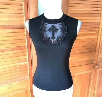 Top Gótico Lolita EGL Victoriano Punk Negro Medianoche Oración Cruz Encaje M Foto 1 de 4