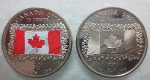 2015 CANADA 25 CENTS FLAG COLOURED AND NON COLOURED BRILLIANT UNCIRCULATED COINS - Picture 1 of 2