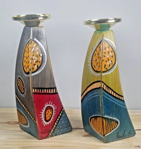 Kakadu Art Wavy Wood Candlesticks Yingish Geometric Design Pair Set of 2 - Picture 1 of 14