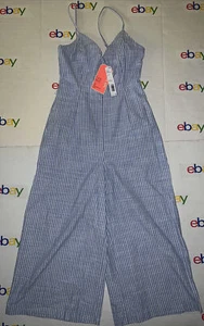 Gianni Bini Jumpsuit Size:4 White Blue Stripes Pockets Cropped Pants Boho 1pc - Picture 1 of 9