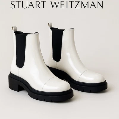 STUART WEITZMAN Norah White Patent Leather Chelsea Lug Sole Boots Sz 9M Made Spa - Image 1 of 4