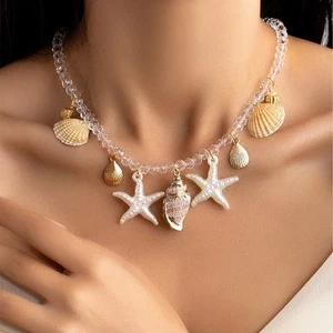 Women’s Gold Shell Starfish Charm Beaded Necklace Beach Holiday Boho - Picture 1 of 5