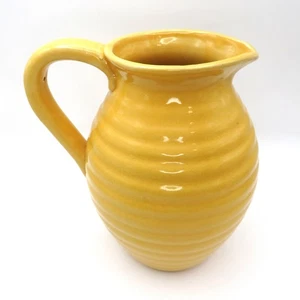 Vintage Yellow Pottery Pitcher Small Ribbed Ceramic Jug Vase Farmhouse Kitchen - Picture 1 of 13
