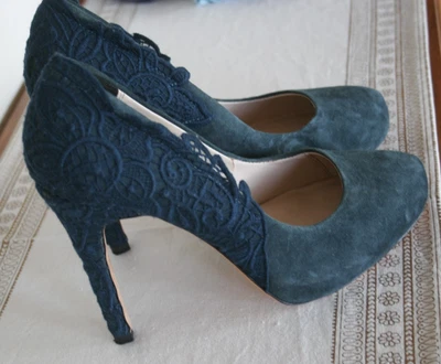 Zapatos de salón L K Bennett London cuero verde oscuro gamuza y encaje tacón 4+", talla 9/40 usados en excelente estado Foto 1 de 4