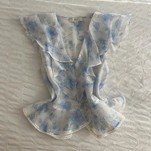 Cottagecore sheer frilled white and blue floral layered boho top vintage look S - Picture 1 of 9