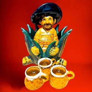 Vintage Handmade Mexican Man In Bushes Tequila Decanter 3 Cups Collectible Drink - Picture 1 of 13