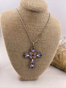 Vintage French Enameled Copper Cross With Sterling Italian Chain - Picture 1 of 12