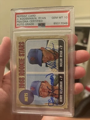 NOLAN RYAN & JERRY KOOSMAN AUTOGRAPHED 1968 TOPPS REPRINT RC METS PSA/DNA 10 AU - Image 1 of 2
