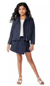 Scoop Girls 2 Piece Moto Jacket Skort Set Blue Faux Suede Holiday Outfit 7/8 New - Picture 1 of 12