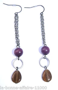 BOUCLES D'OREILLES FANTAISIE PENDANTE perle violette et marron tendance soirée - Imagen 1 de 1