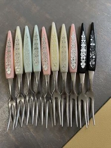 10 Cocktail Party Pickle Forks 4" Plastic Stainless Japan hors d'oeuvres VTG - Picture 1 of 4