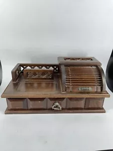 Vtg Men's Valet Roll Top Walnut Wood Dark Jewelry Box w Lined Drawer Storage - Picture 1 of 16