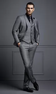 Herren Grau Designer Hochzeit Bräutigam Smoking Freizeit Anzug (Jacke + Weste + - Bild 1 von 2