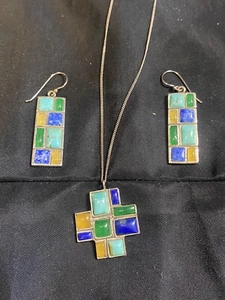 VINTAGE 925 STERLING SILVER NECKLACE & EARRING SET TURQUOISE LAPIS ONYX  - Picture 1 of 12