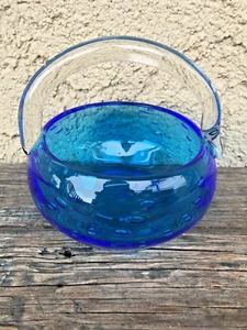ITALIAN CANDY BASKET ART GLASS AQUA, HANDBLOWN BUBBLES CLEAR HANDLE - Picture 1 of 10