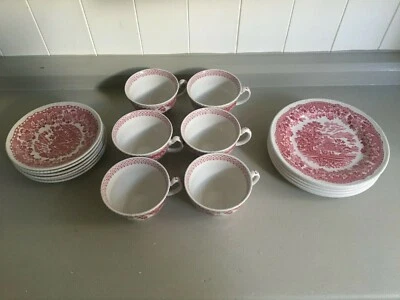 6 Sets Vintage Trio Wood's Seaforth Red Pink Tea Cup Saucer Plate Burslem 1930s - Image 1 of 4