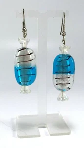 Handmade Art Glass Candy  Mismatched Earrings in Aqua and Silver Silver Tone - Picture 1 of 4