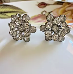 Vtg Rhinestone Prong Set Crystal Flower Cluster Silver Tone Clip On Earrings - Picture 1 of 7
