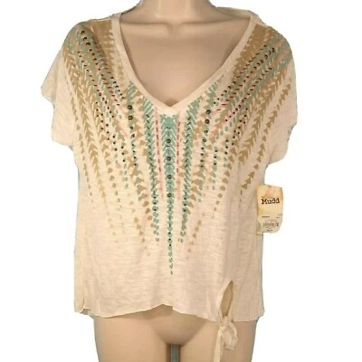 Camiseta Top Mudd Cuello en V Cuentas Mujer Talla S Crema Multicolor Manga Corta NUEVA   Foto 1 de 4