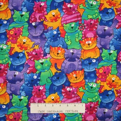 TIMELESS TREASURES FABRIC Animal Fabric - Rainbow Happy Cats Packed Gail Cadden - Timeless Treasures YARD