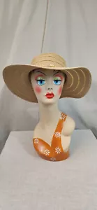 Chicos Papel Poliéster Bronceado con Tira Dorada Ala Ancha Tono Grande Verano Sombrero para el Sol USADO - Imagen 1 de 5