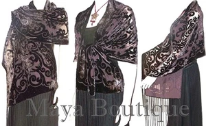 Chocolate Brown Shawl Wrap Scarf Burnout Velvet Art Nouveau Oblong Maya Matazaro - Picture 1 of 1