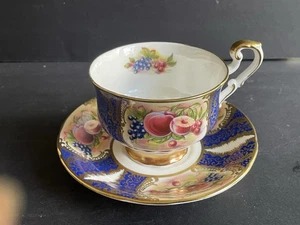 Paragon Bone China Teacup Saucer Royal Blue With Orchard Fruit Peach - Bild 1 von 8