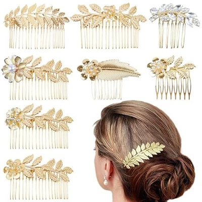 8 Pack Leaf Hair Side Combs for Women Girl, Bridal Metal Decorative Hair Gold - Image 1 of 4