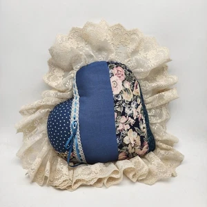 Vtg Ruffled Lace Heart Pillow Blue White Floral Quilted Roses - Picture 1 of 5