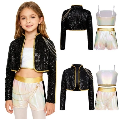 Kids Girls Outfit Gold Dancewear Chain Costume School Set Performance 3Pcs Trim