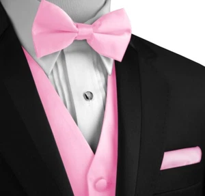 Men's Solid Satin Tuxedo Vest, Bow-Tie and Hankie. Formal, Dress, Wedding, Prom - Picture 1 of 77