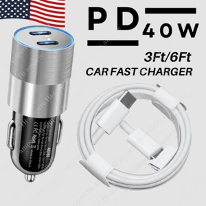Dual USB Type C PD 40W Fast Car Charger Adapter For iPhone 15 Pro 16 Plus Cable - Picture 1 of 18