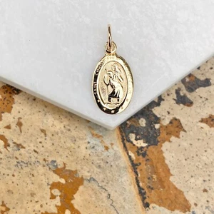 14KT Yellow Gold Small-Sized St.Christopher Oval Medal Pendant Charm NEW 13mm - Picture 1 of 6