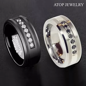 8 mm schwarz/silber Wolframhartmetall Ring Inlay Komfort Passform ATOP HERREN Hochzeitsband - Bild 1 von 9