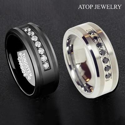 8mm Black/Silver Tungsten Carbide Ring Inlay Comfort Fit ATOP MEN Wedding Band - Image 1 of 4