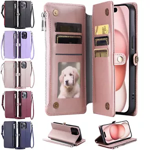 For iPhone 16/15/14/13 Pro Max Crossbody Strap Zipper Wallet Flip Stand Case - Picture 1 of 72