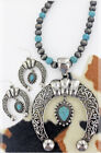 Faux Gray Pearl Silver-tone Squash Blossom 18" Necklace Set Faux Turquoise