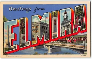 ELMIRA, NEW YORK Large Letter Linen Postcard Curteich 1942 - Bridge, Library - Picture 1 of 2