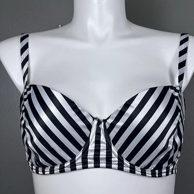 Playful Promises Satin Black White Striped Bra US 38DDD Balconette Underwire - Image 1 of 4