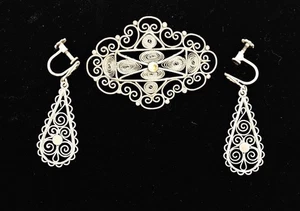 Norwegian Harry Pedersen 830 Silver Sølje Brooch & Earrings Set Circa 1950's - Picture 1 of 7