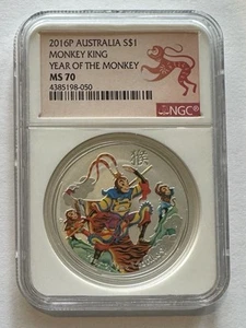2016 P Australia COLORIZED Silver Lunar Year of Monkey KING NGC MS70 1oz Coin - Picture 1 of 2