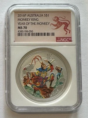 2016 P Australia COLORIZED Silver Lunar Year of Monkey KING NGC MS70 1oz Coin - Image 1 of 2