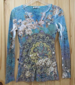 Love Amour Shirt Womens Small Floral Sheer Long Sleeve Stretch Boho Top Blouse - Picture 1 of 9
