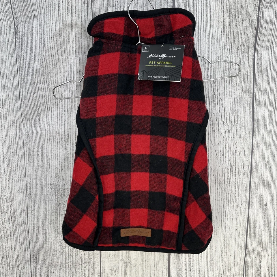 Eddie Bauer Dog Coat Large Buffalo Plaid Black/Red Fleece Lined Jacket 35-65lb - Image 1 of 4