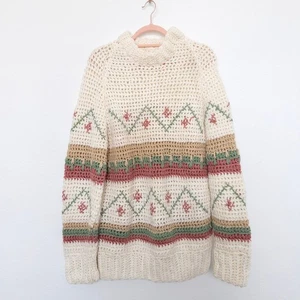 Vintage Handmade Womens Sweater Size L Cream Multicolor Chunky Knit Fair Isle - Picture 1 of 5